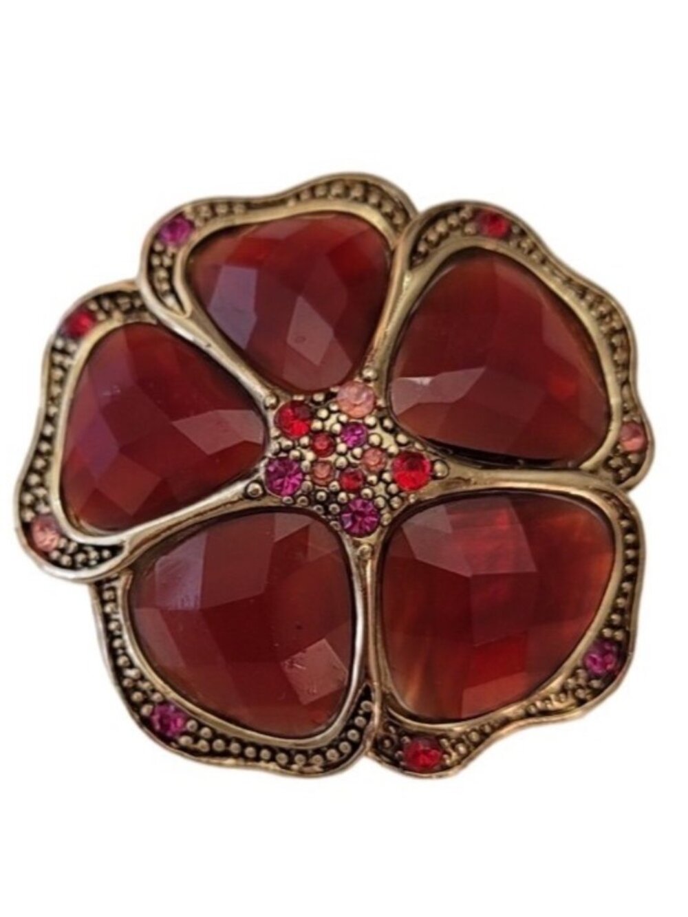 Liz Claiborne Gold Tone Red Art Glass, Pink Petal Rhinestone Flower Brooch, E571
